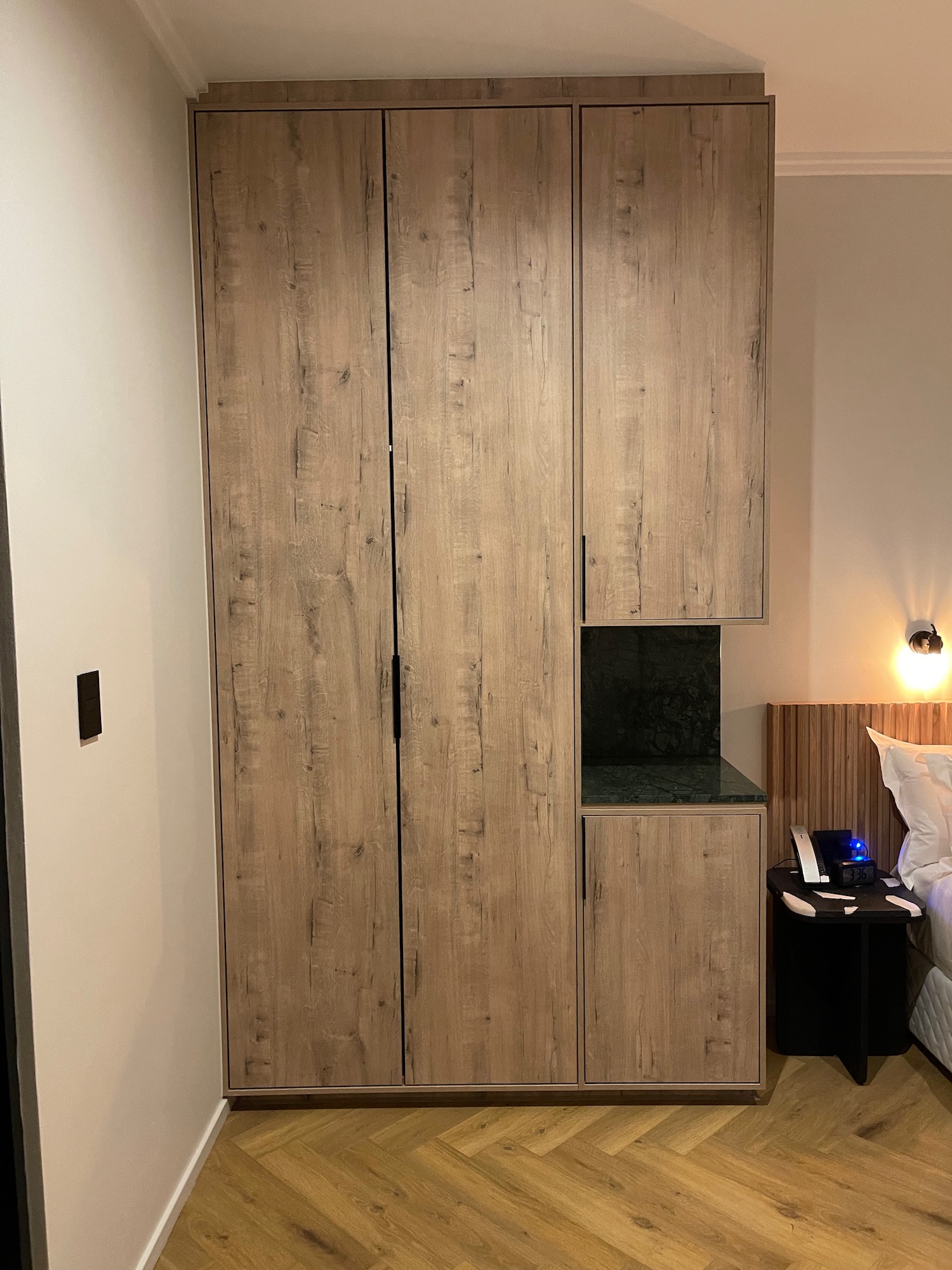 a wooden cabinet in a room