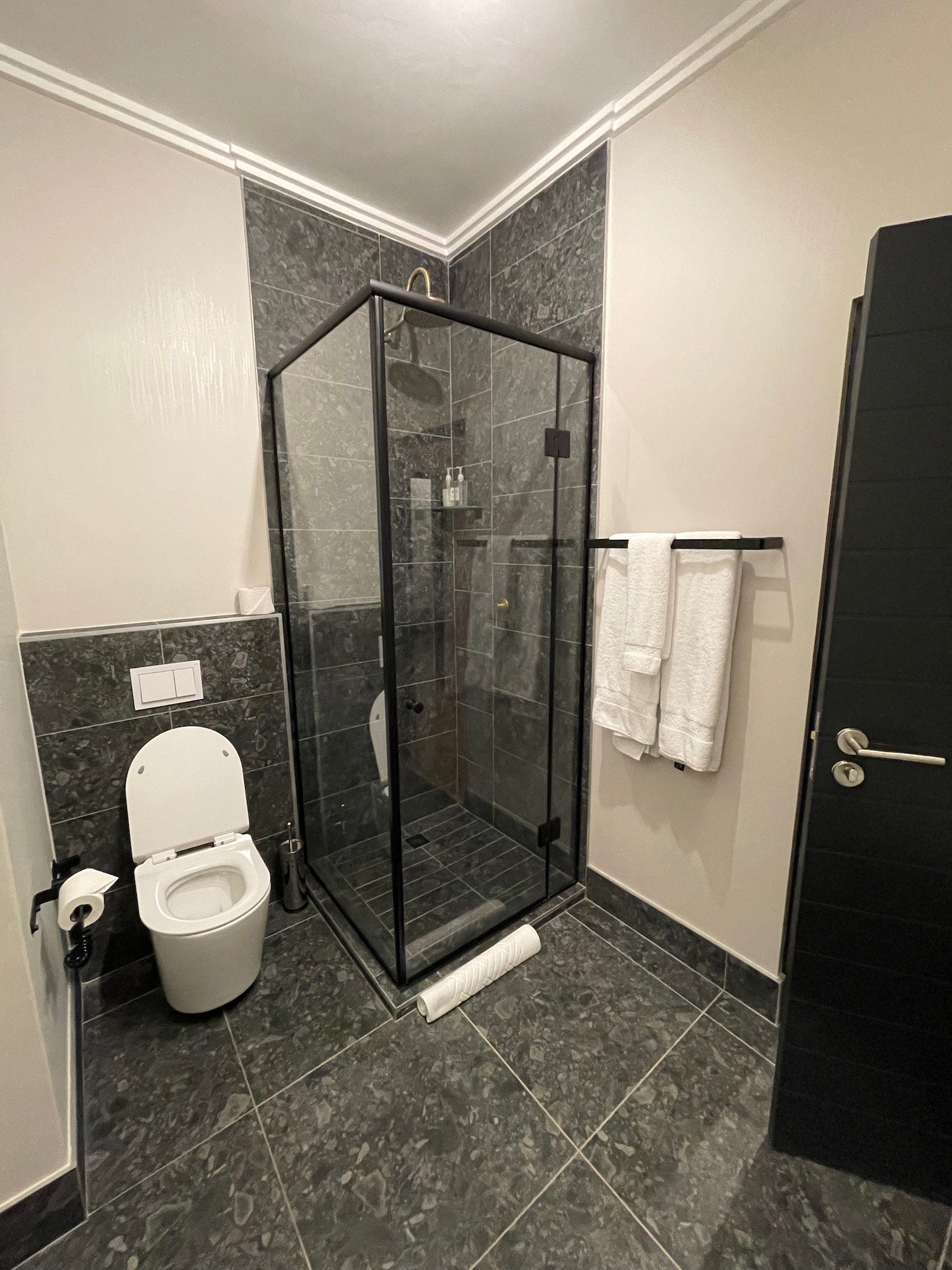 a bathroom with a glass shower and toilet