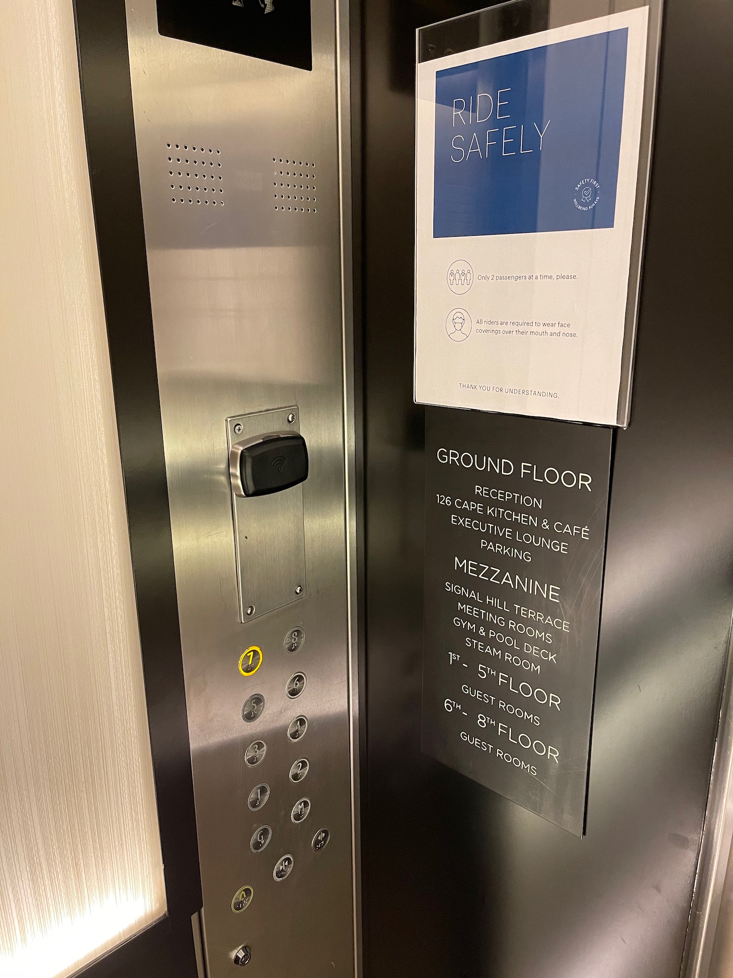 a elevator with buttons and signs