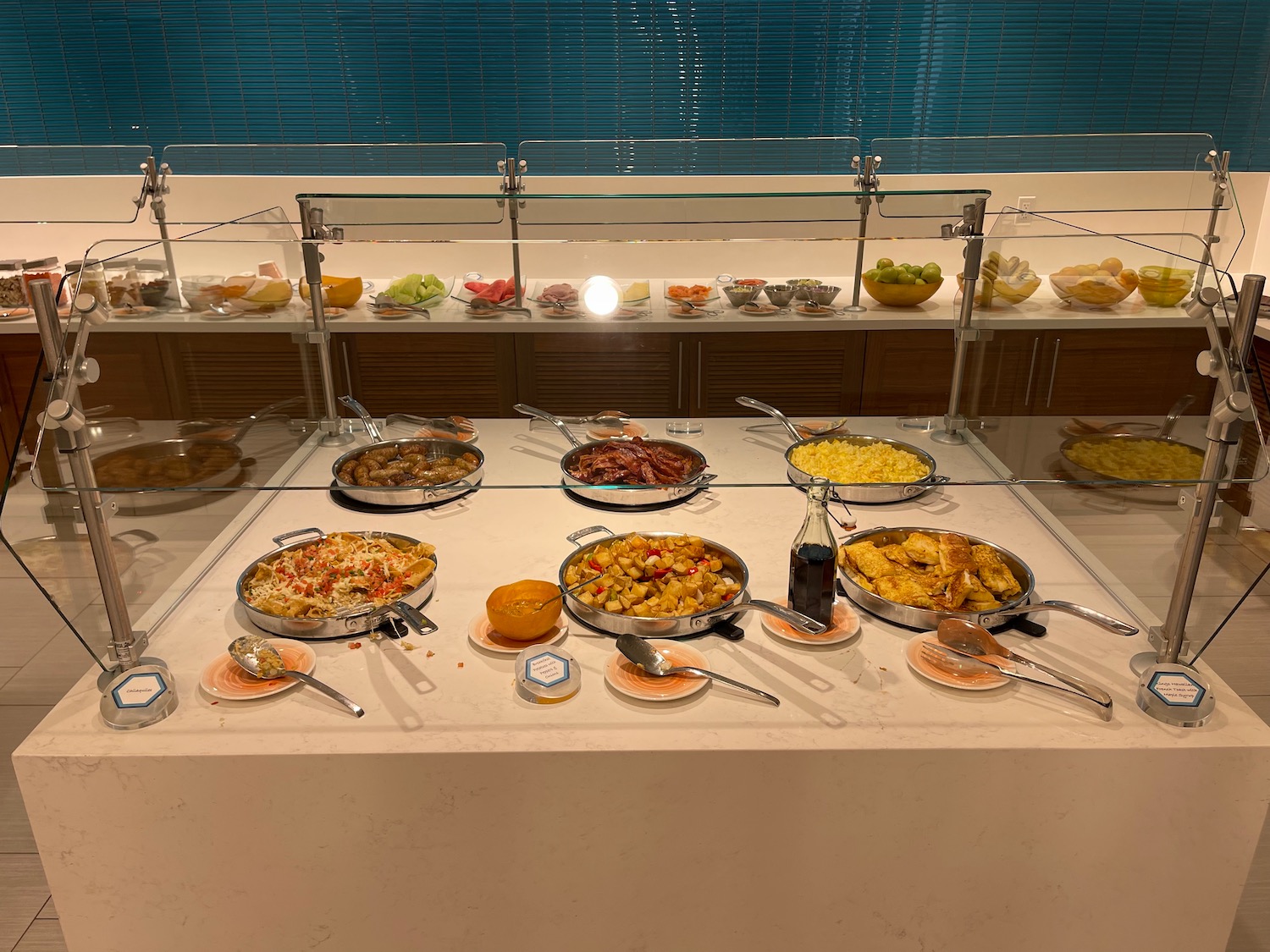 a buffet table with food on it