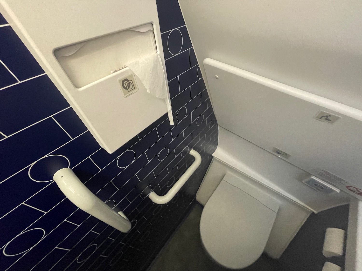 a toilet paper dispenser and handrails in a bathroom
