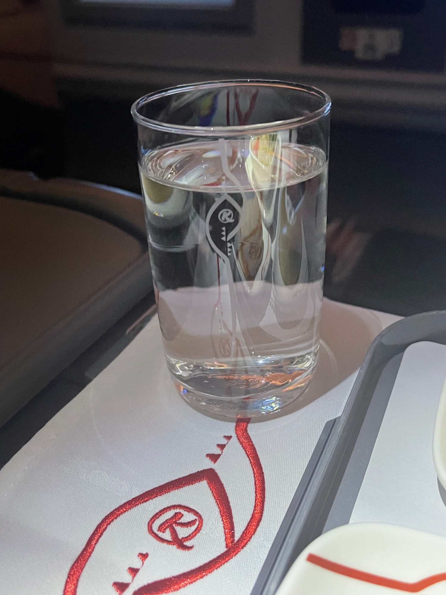 a glass of water on a tray