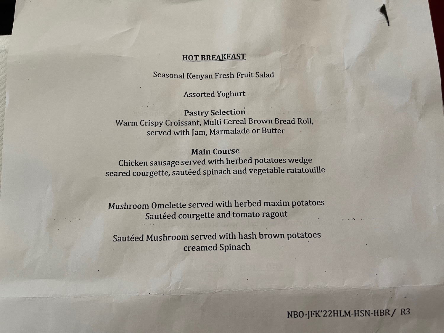 a menu on a paper