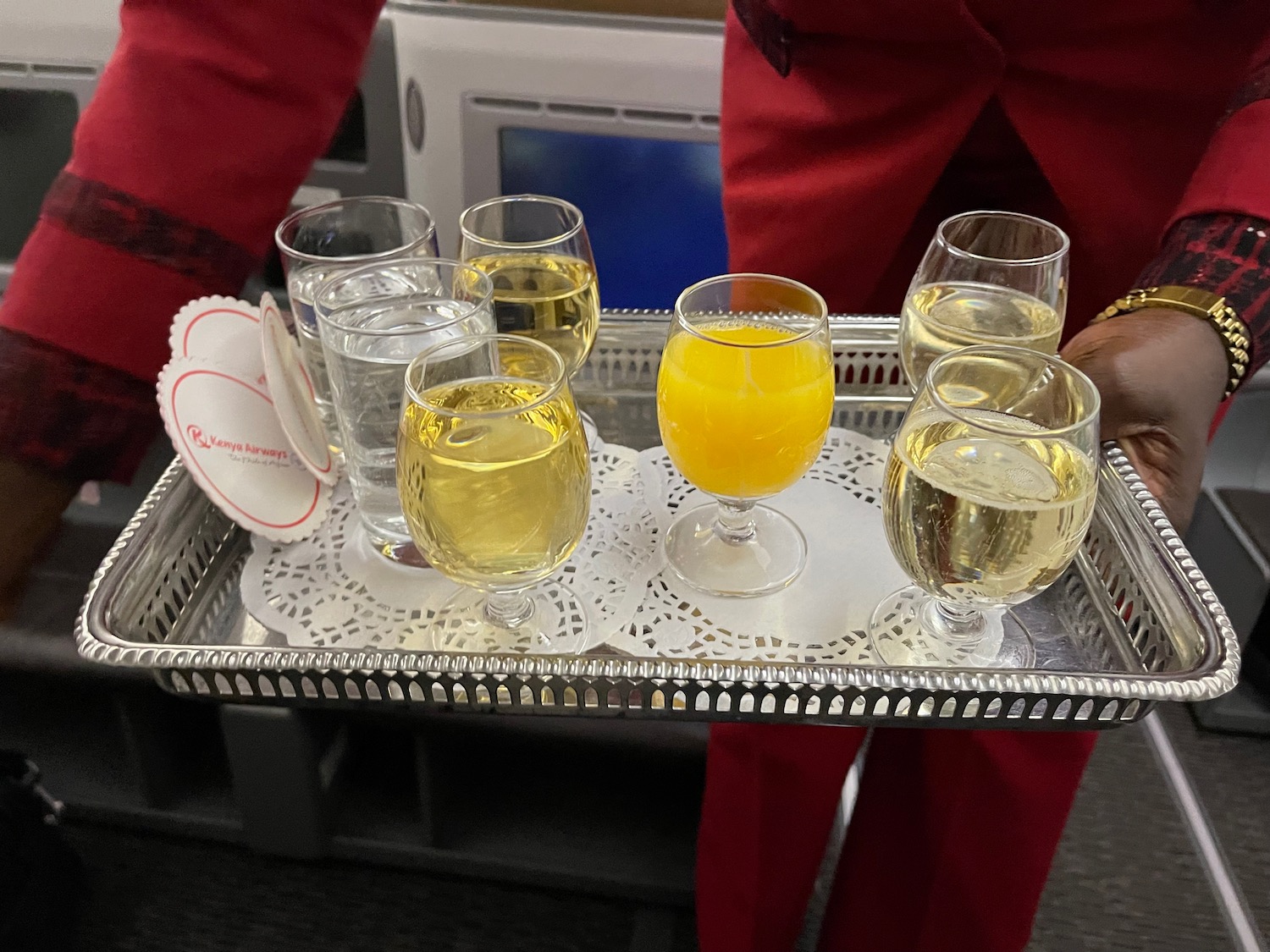 a tray of wine glasses