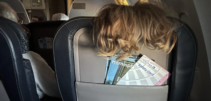 a person with their head in a seat pocket of a plane