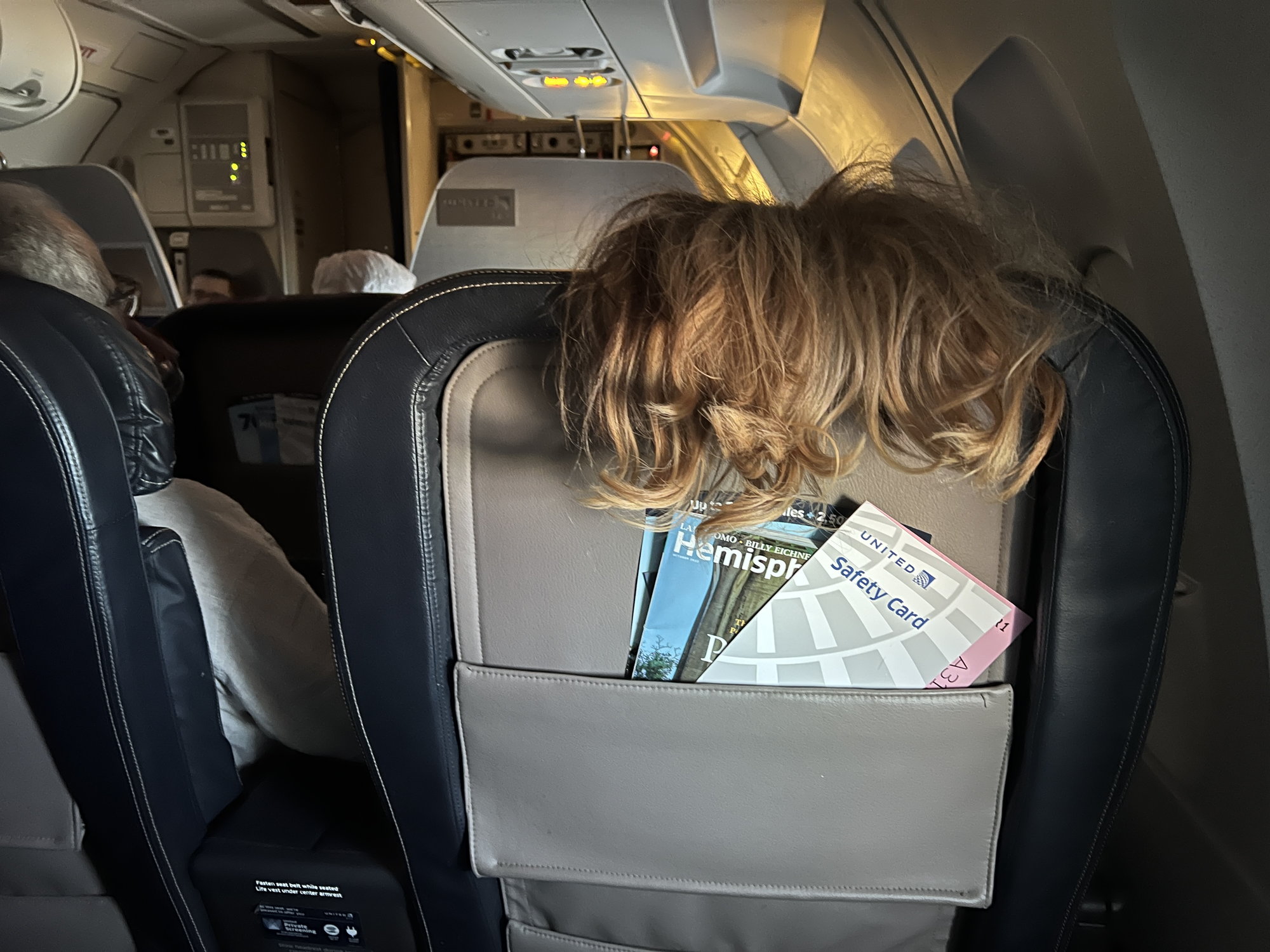 a person with their head in a seat pocket of a plane