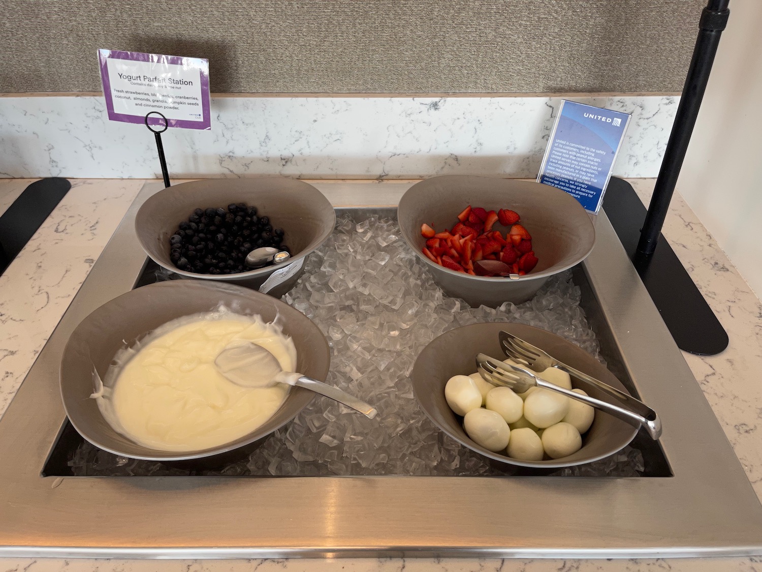 bowls of fruit and yogurt on ice