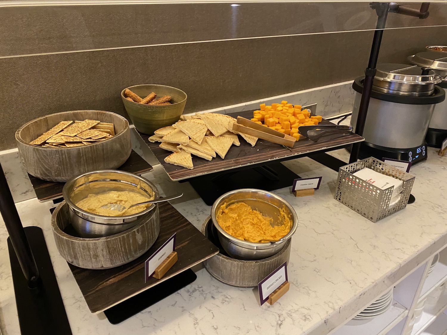 a buffet table with food on it