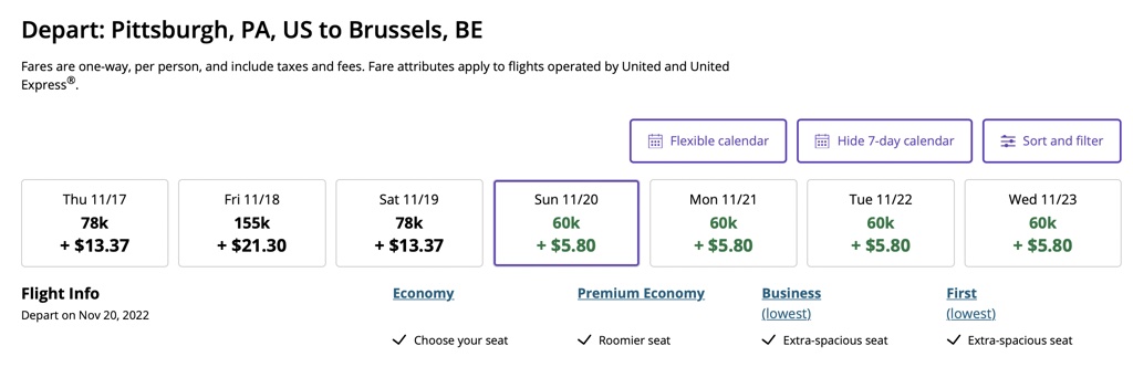 United Polaris Pittsburgh-Brussels - 60k points many days