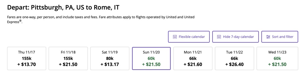 United Polaris Pittsburgh-Rome - 66k points many days