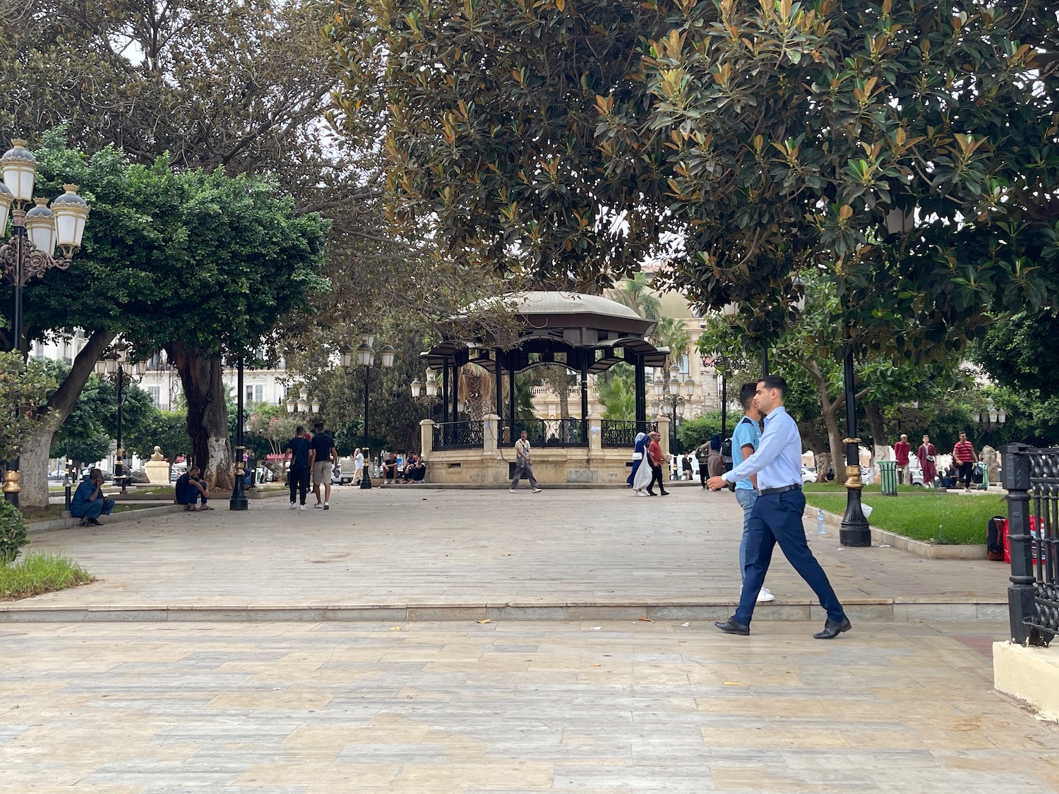 a group of people walking in a park