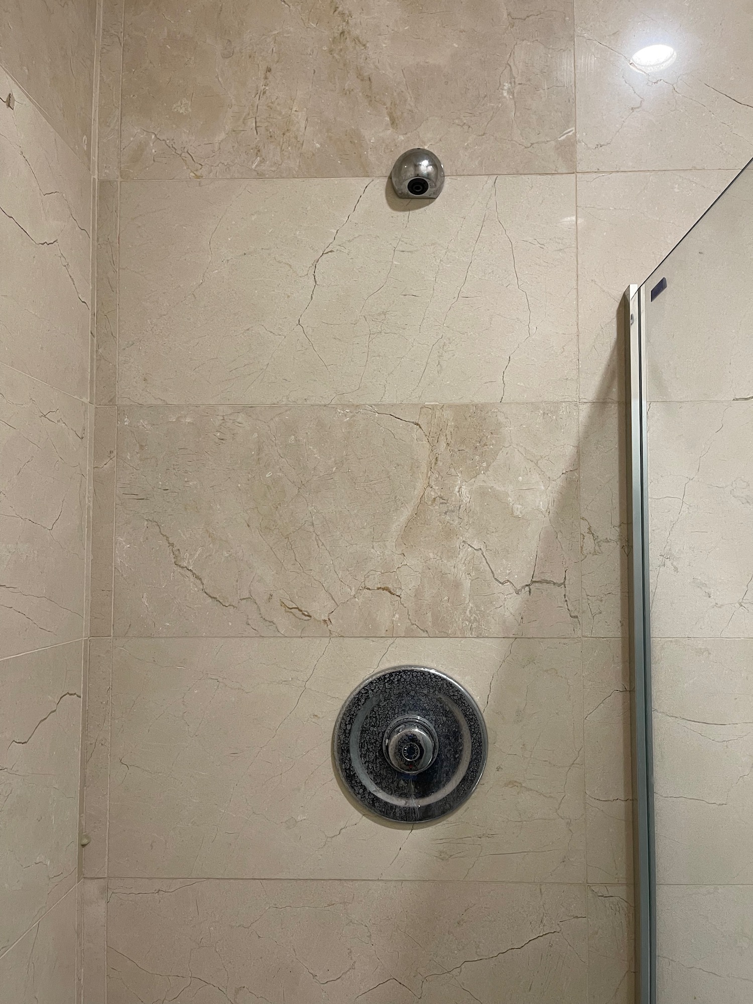 a shower with a round shower head