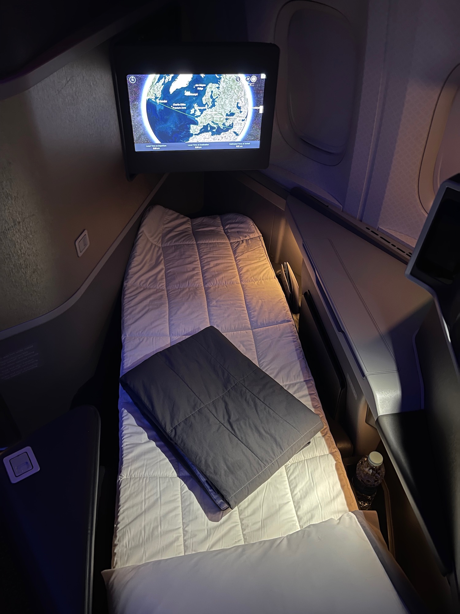 a bed in an airplane with a television