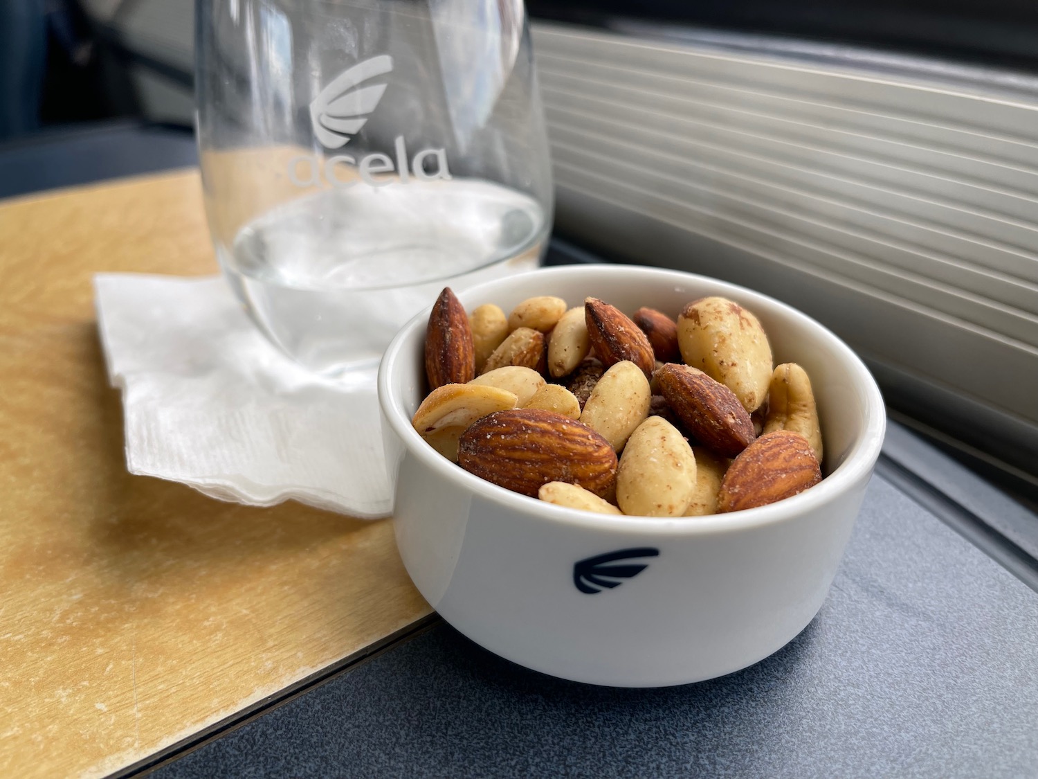 a bowl of nuts and a glass of water