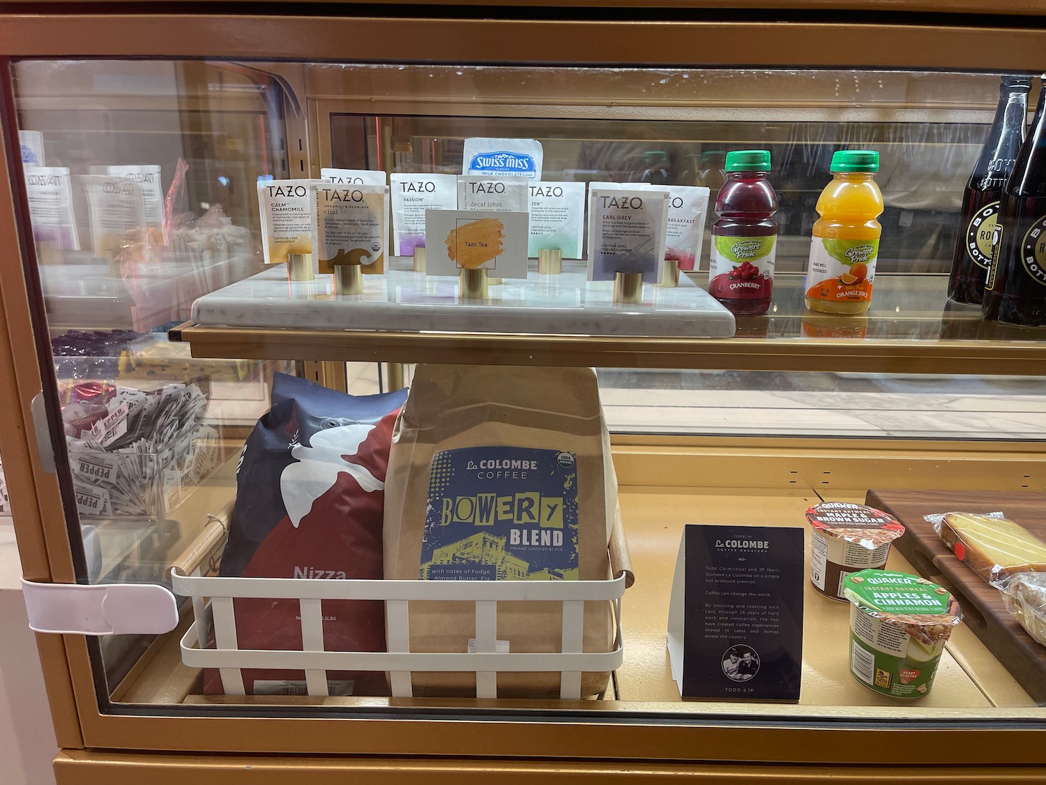 a display case with food items on it