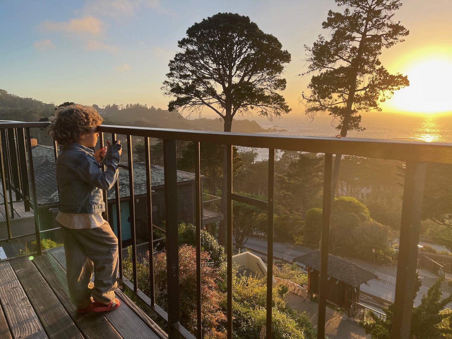 a child standing on a deck looking through a railing at the sunset