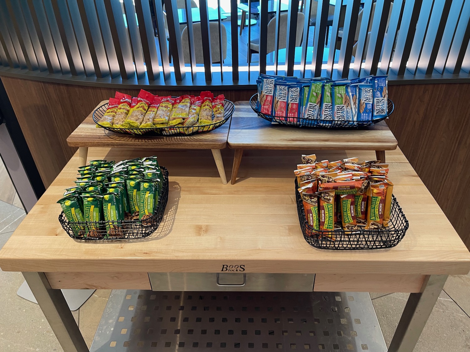 a table with baskets of food on it