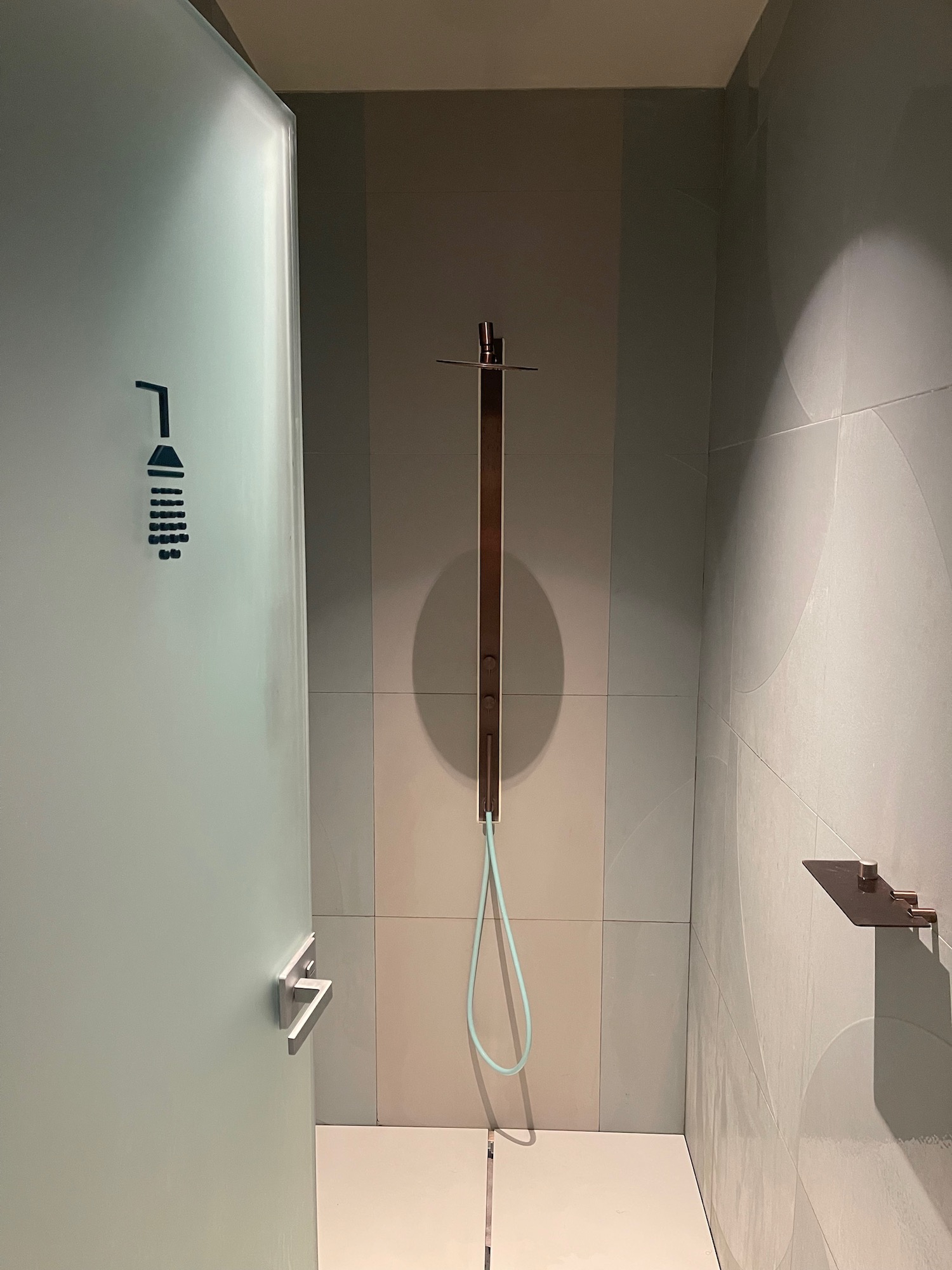 a shower with a hose from the wall