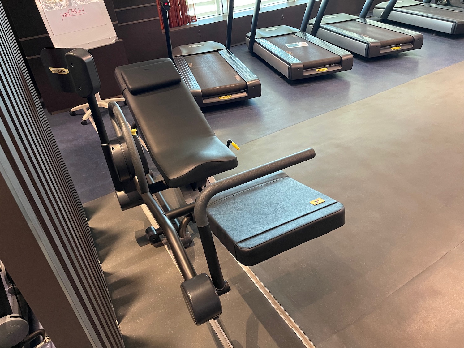 a group of treadmills in a gym