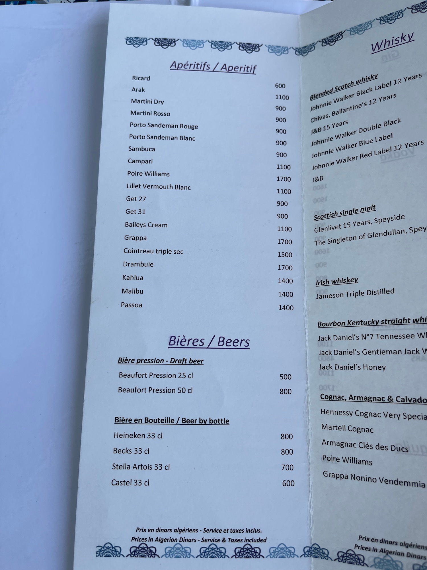 a menu with black text and blue text