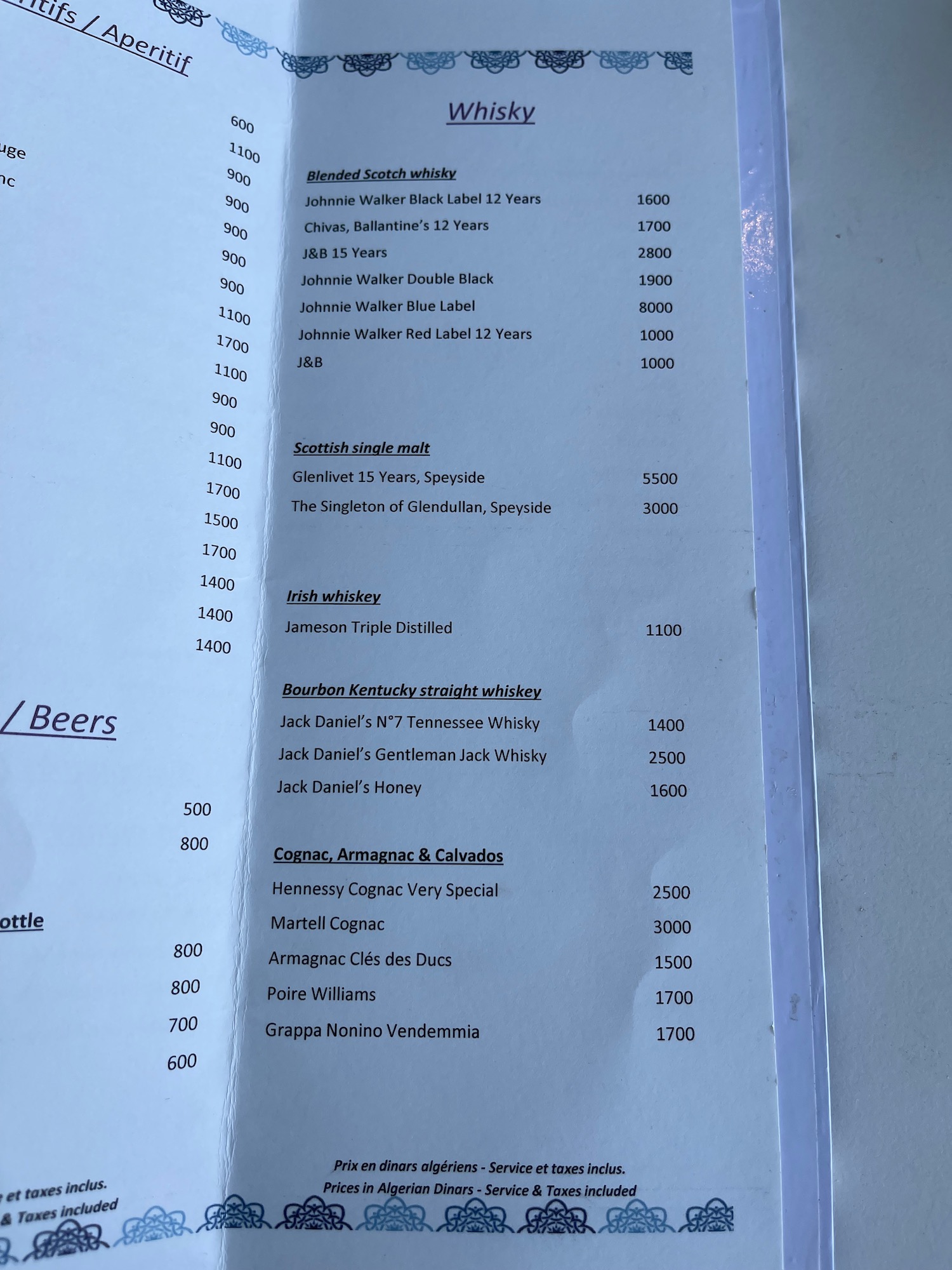 a menu with black text