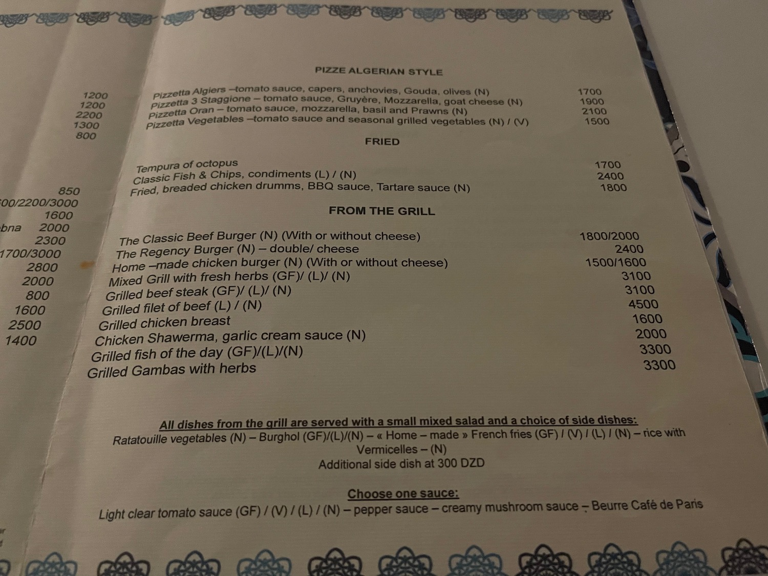 a menu of a restaurant