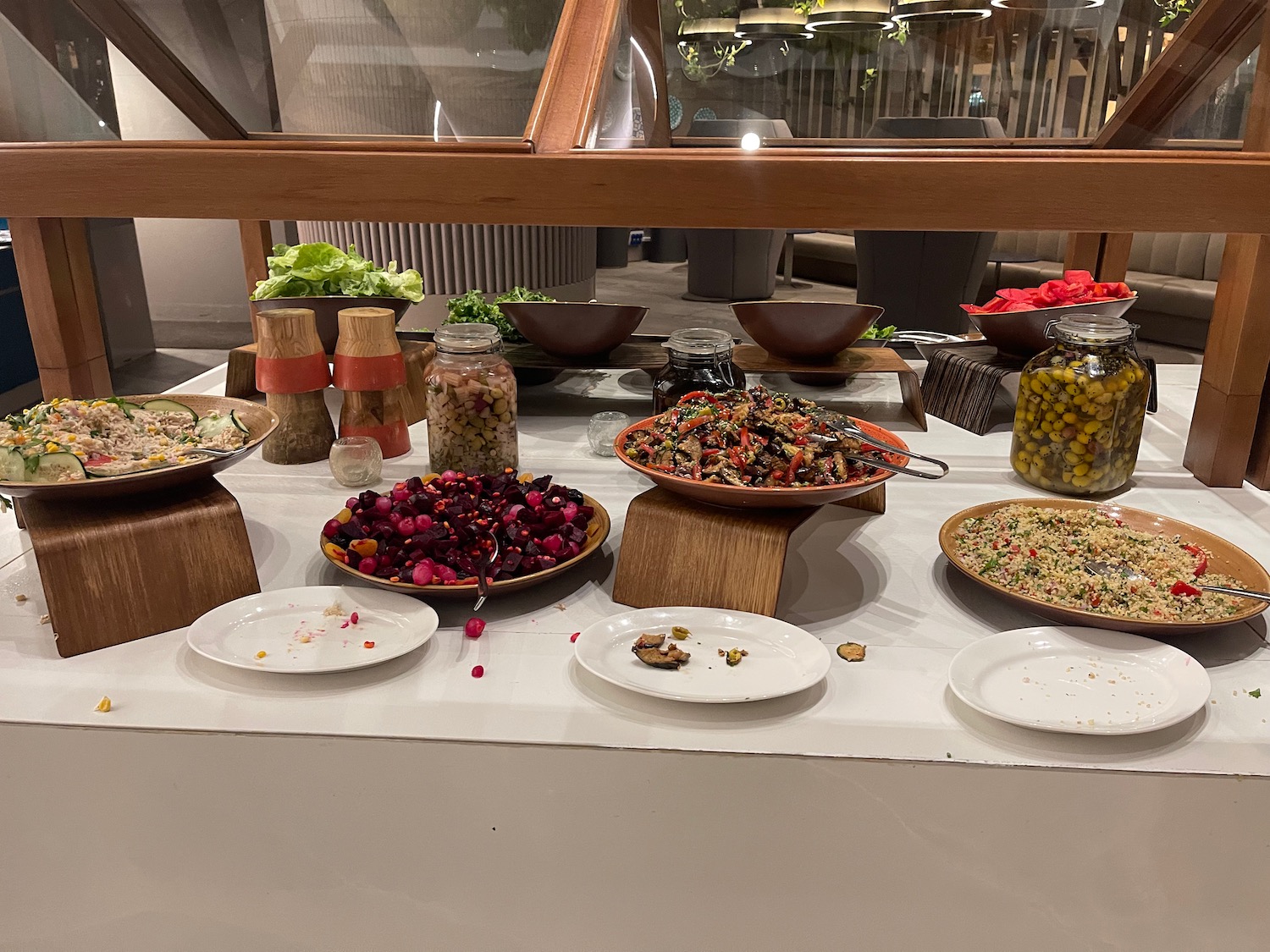 a table with plates of food on it