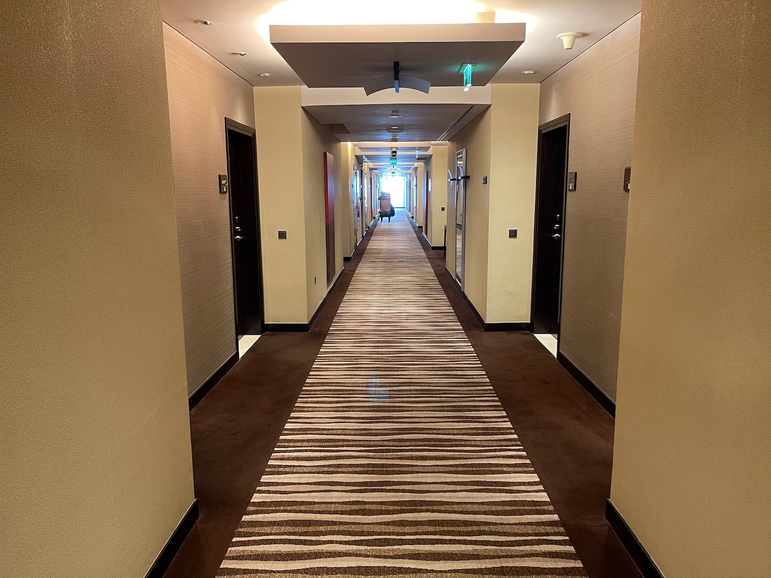 a hallway with a striped carpet