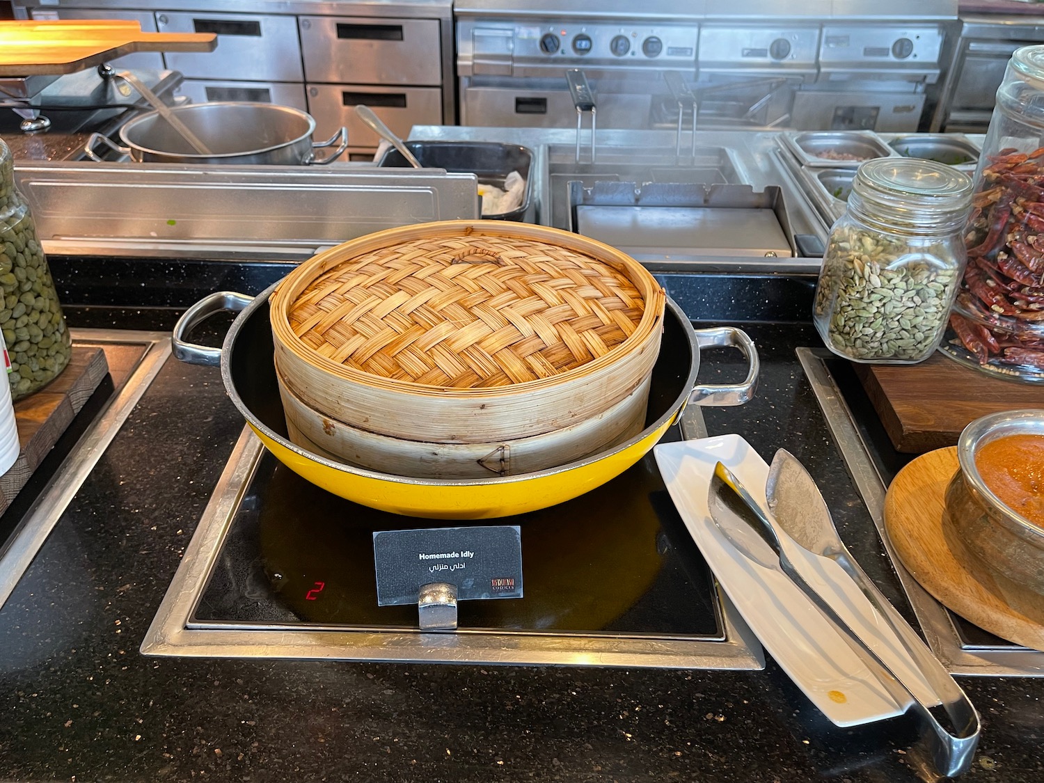 a yellow pan with baskets on it