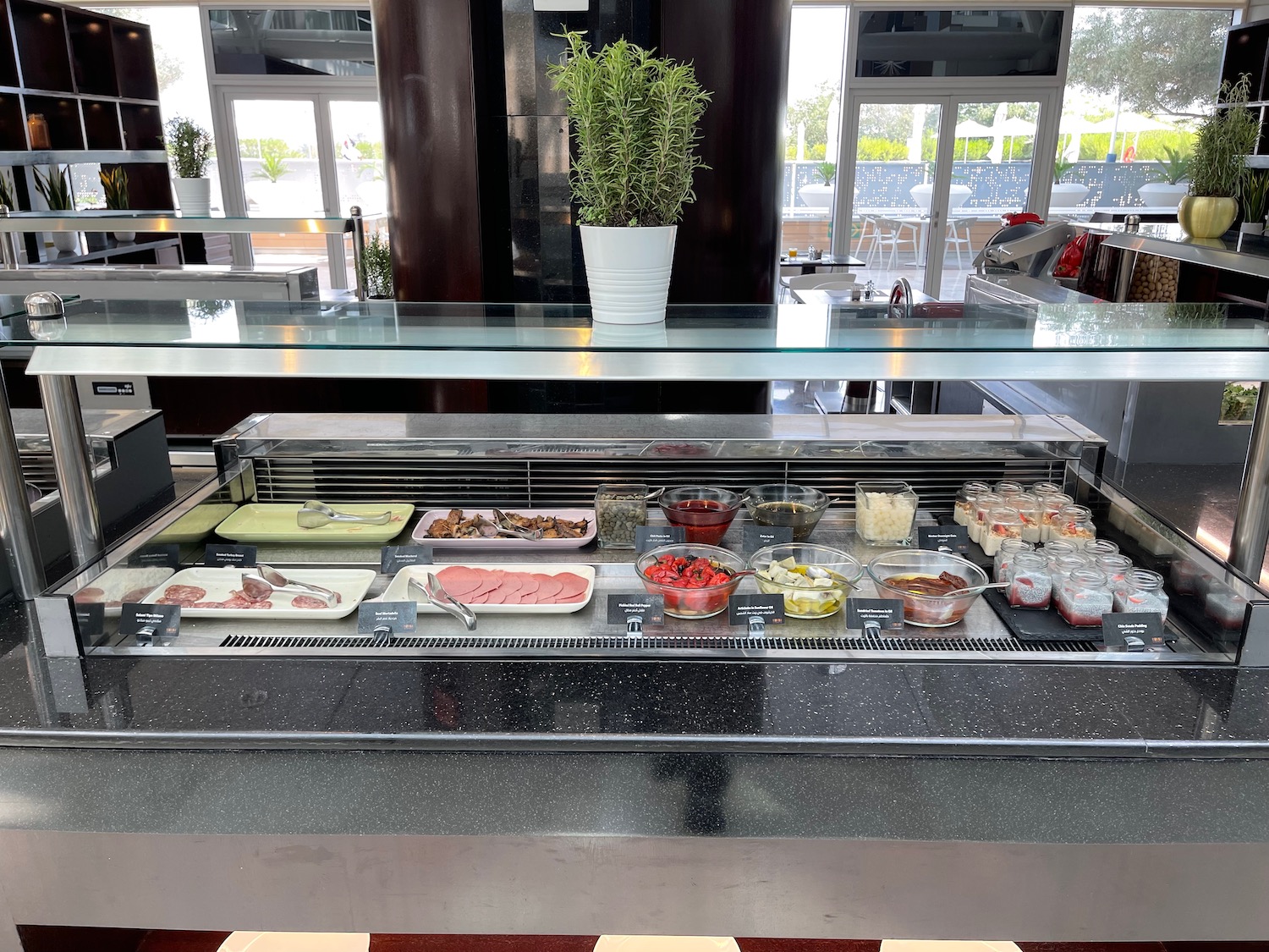 a buffet with food on it