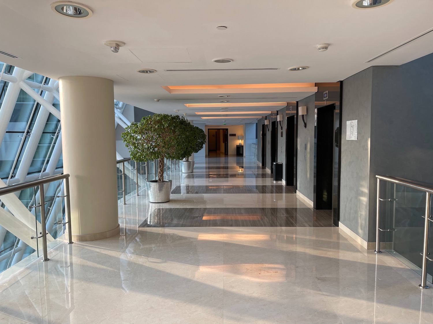 a hallway with a tree in it