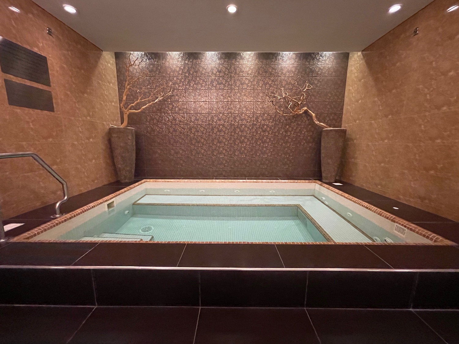 a indoor jacuzzi with a brown tile wall and a brown tile floor