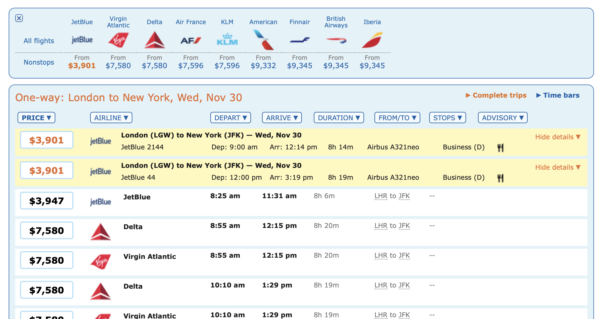 a screenshot of a flight schedule