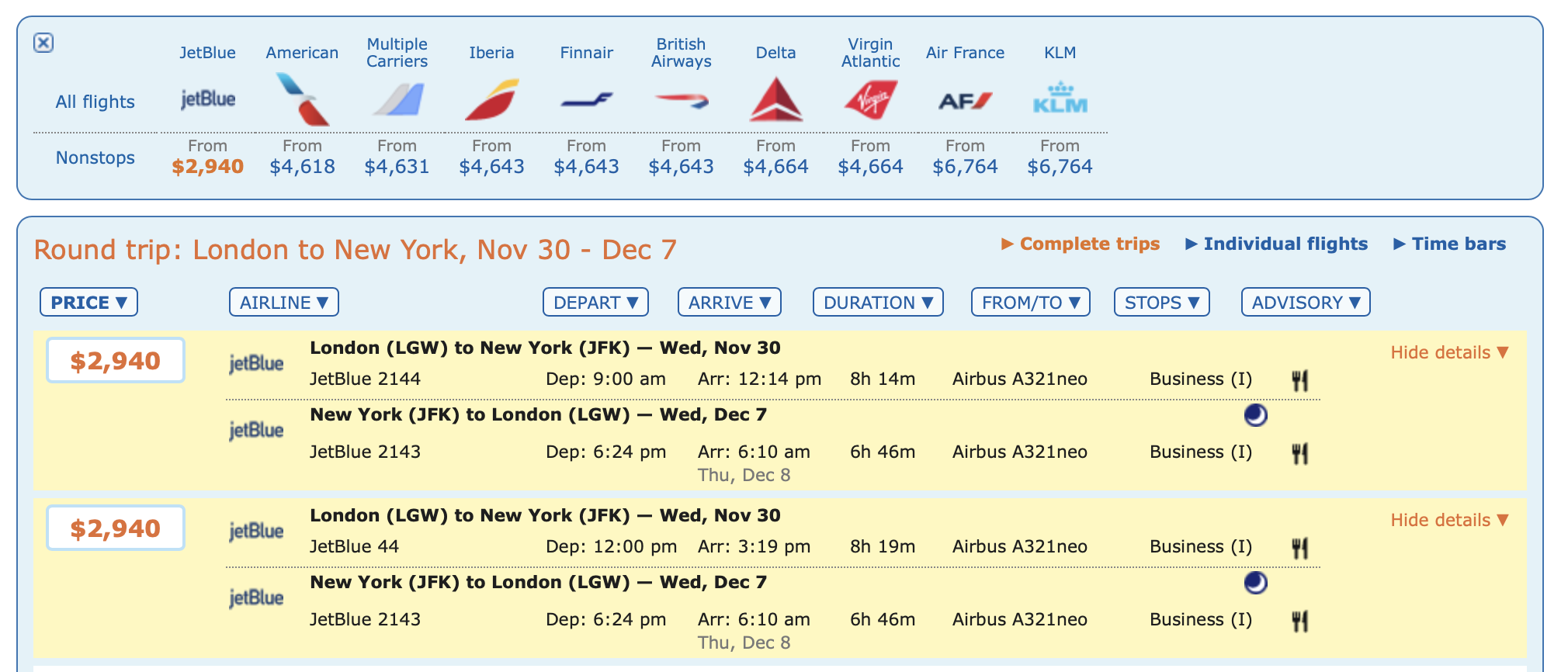 a screenshot of a flight schedule