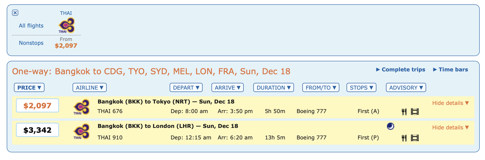 a screenshot of a flight schedule