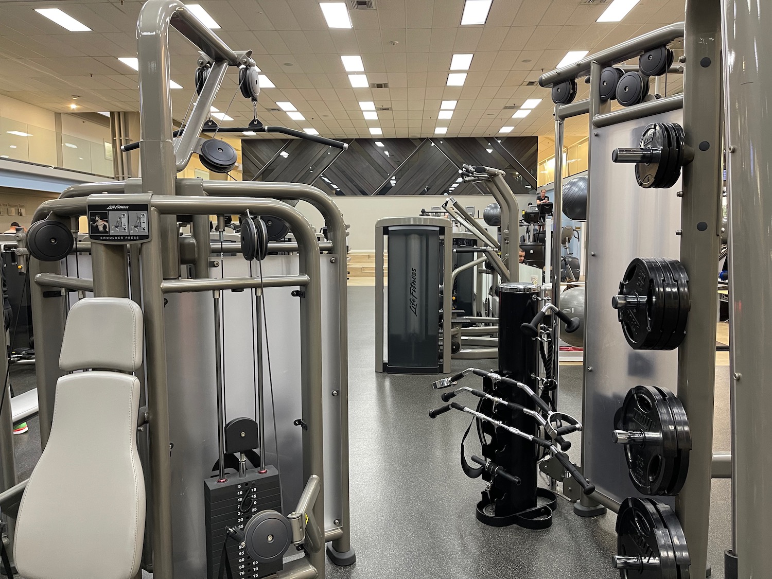 a gym with weights and equipment