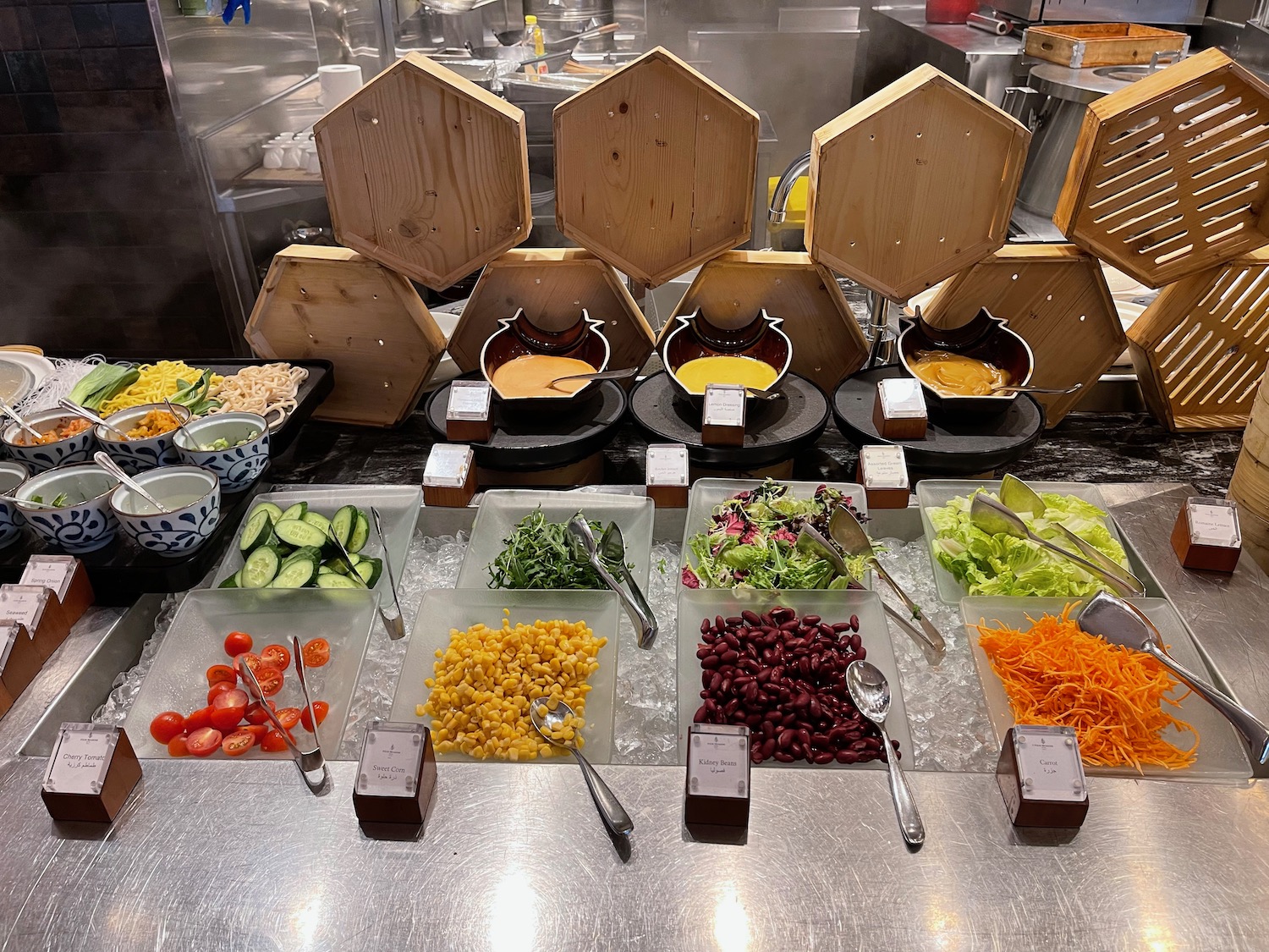 a buffet table with different food items
