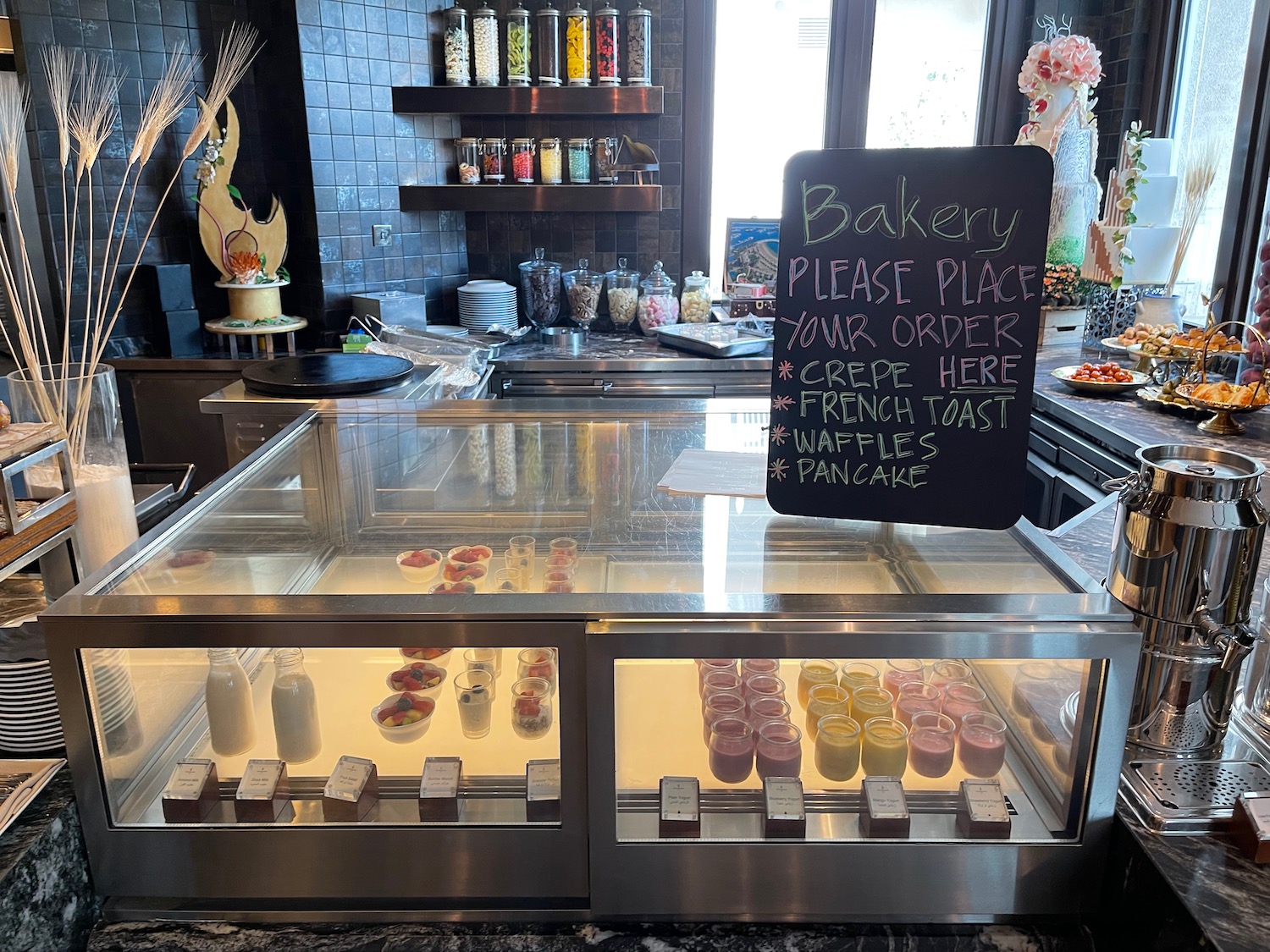 a bakery display case with food on it