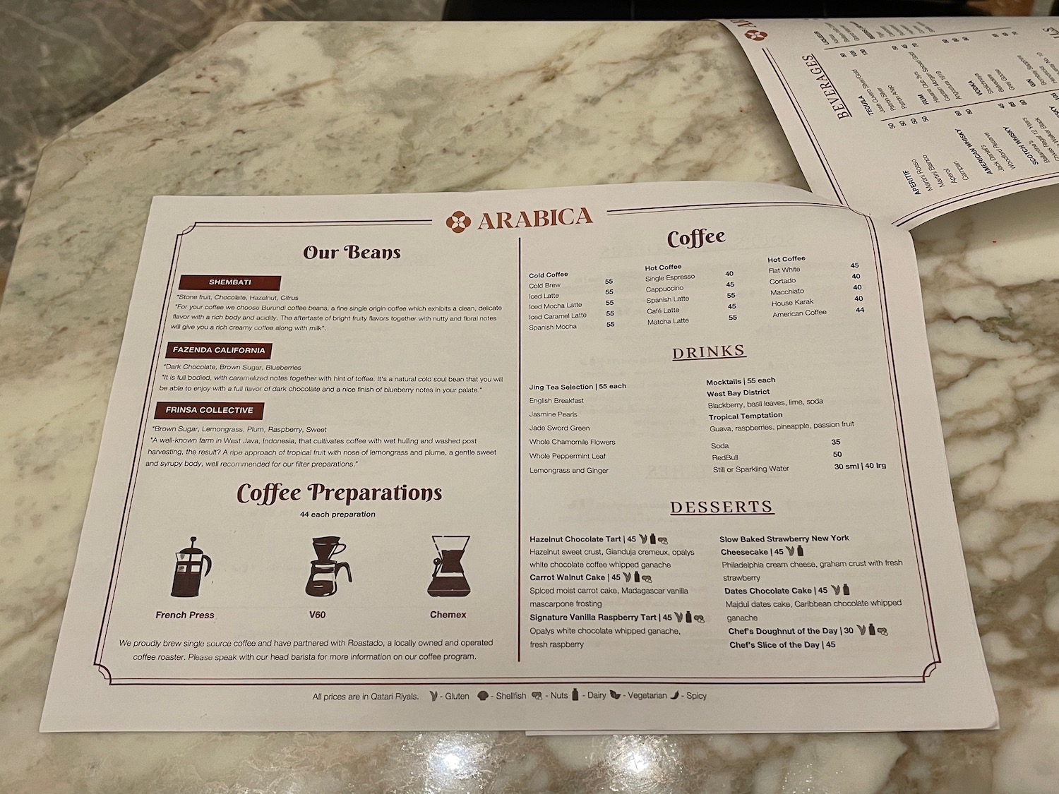 a menu on a marble surface