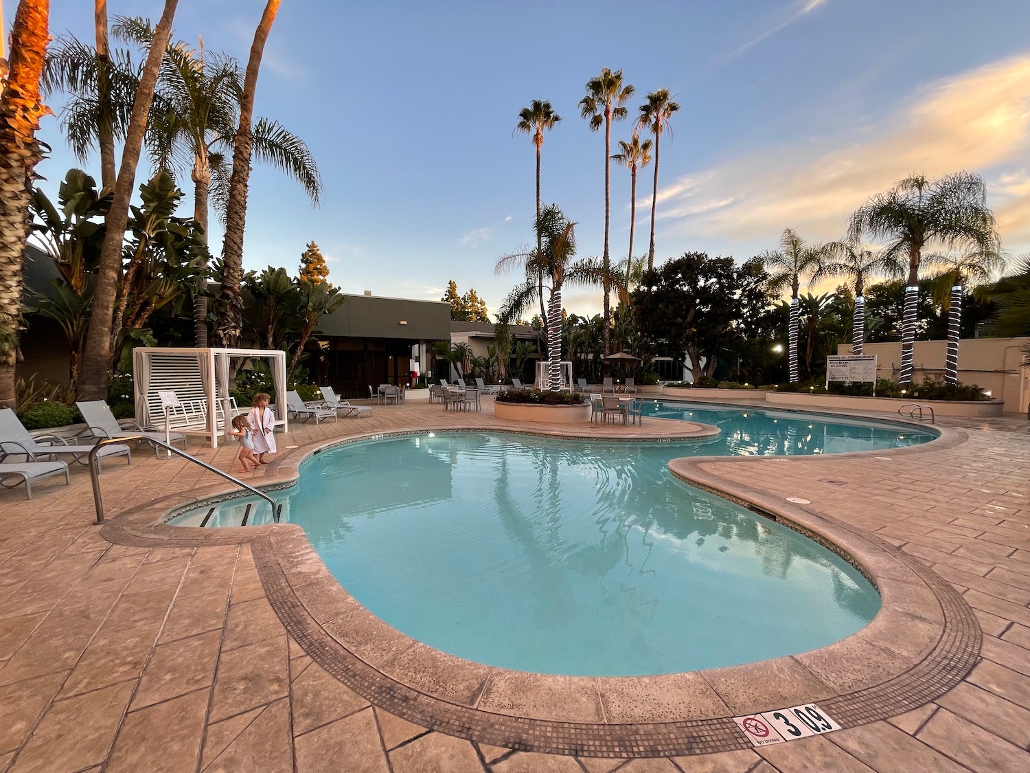 a pool with palm trees and a child in it