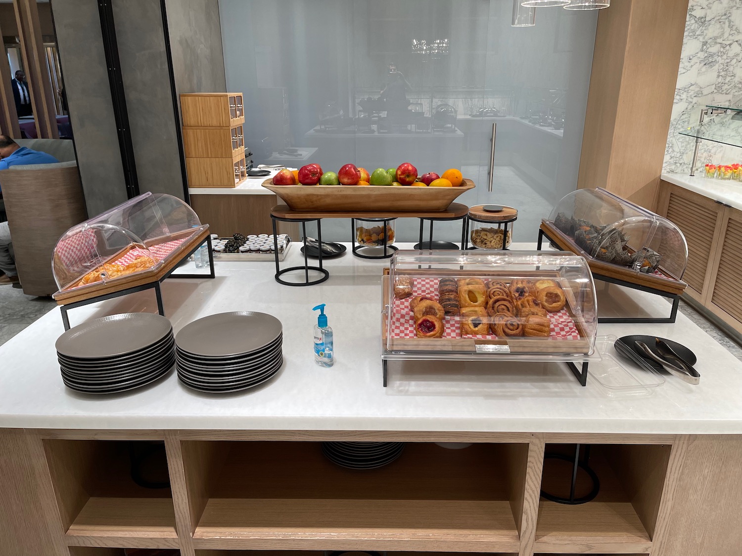 a buffet table with food on it