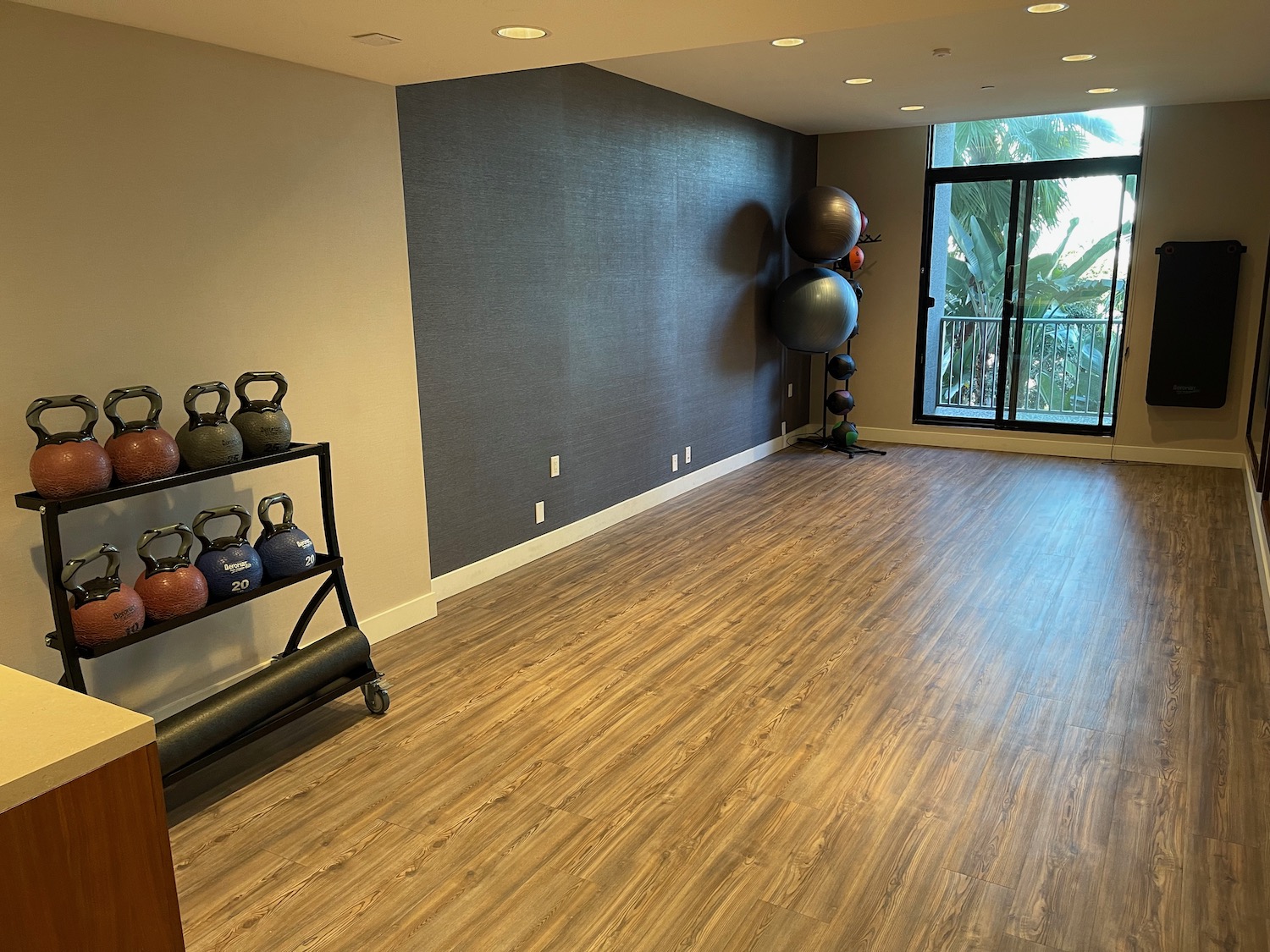 a room with a wood floor and a large window