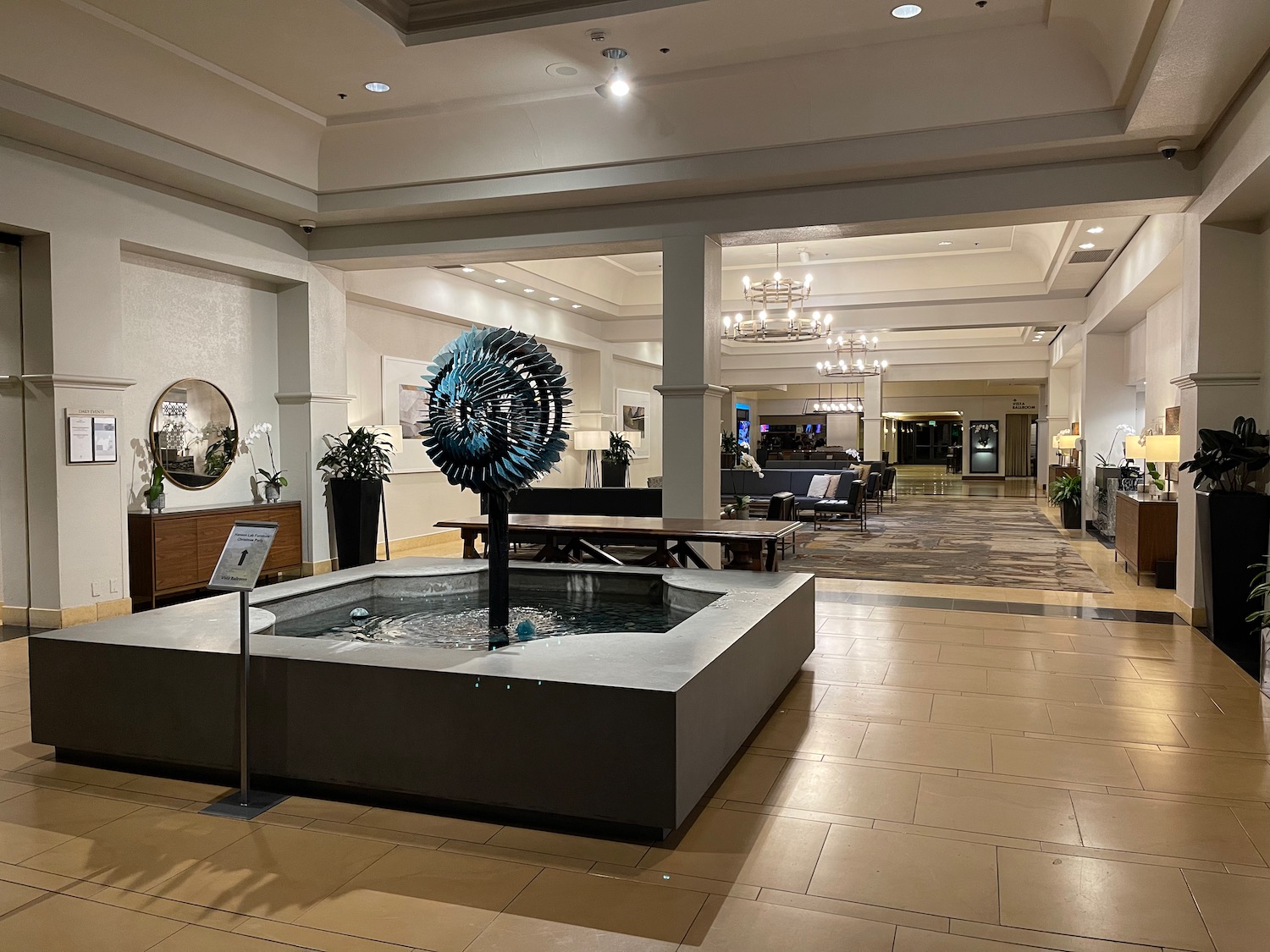 a large fountain in a lobby