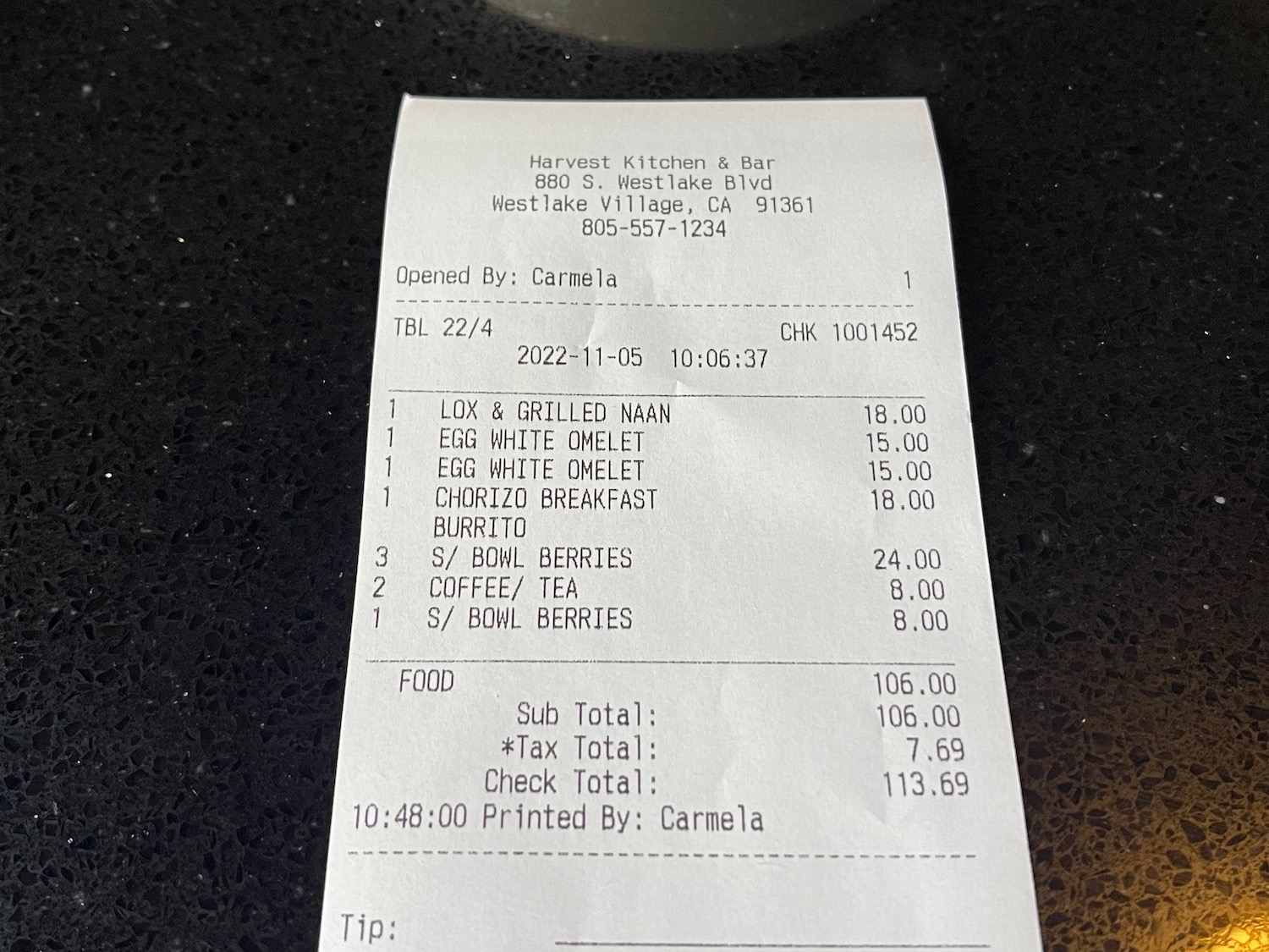 a receipt on a counter