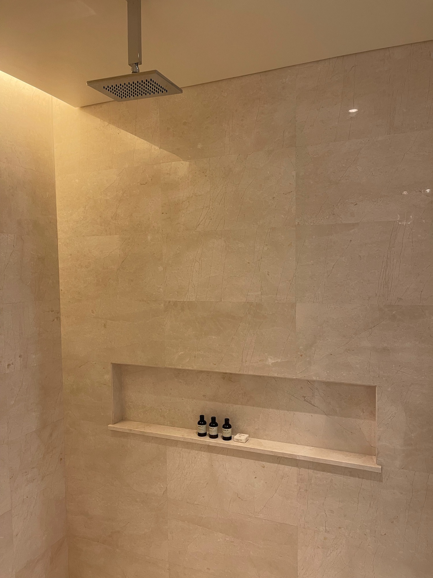 a shower with a shelf and shower head