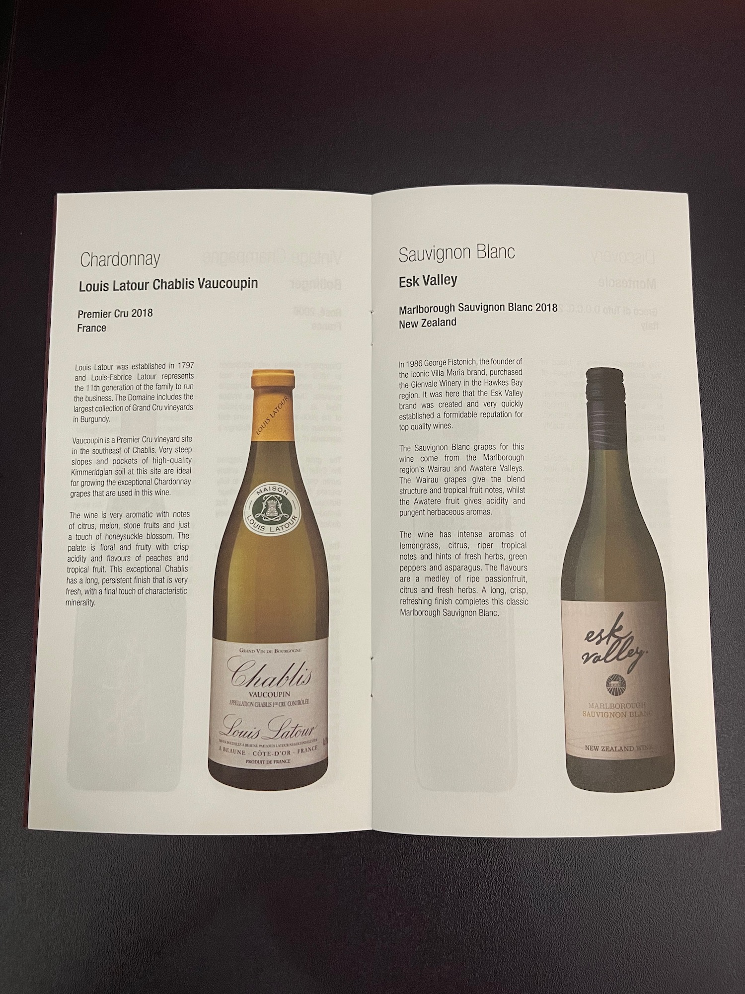 a menu of wine bottles