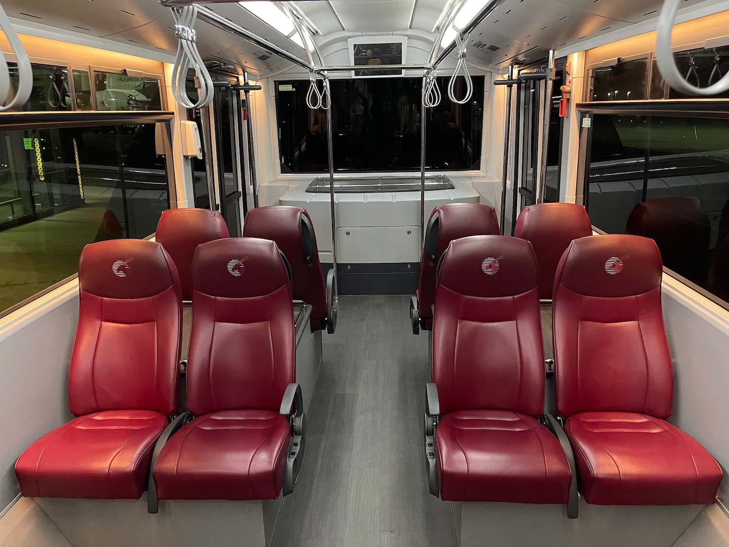 a bus with red seats