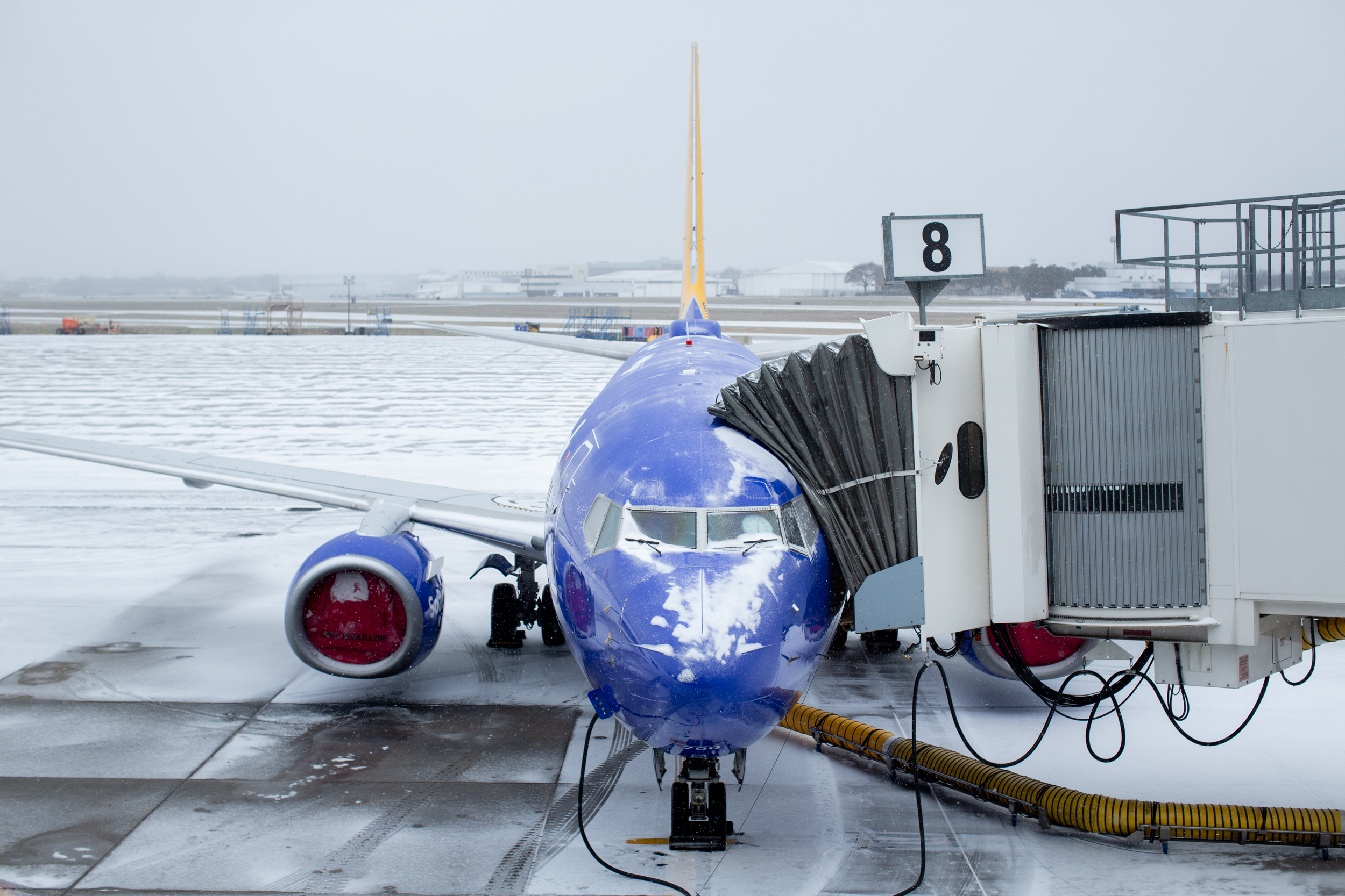 a blue airplane at an airport