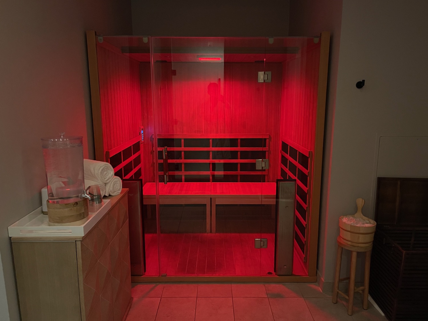 a sauna with red light