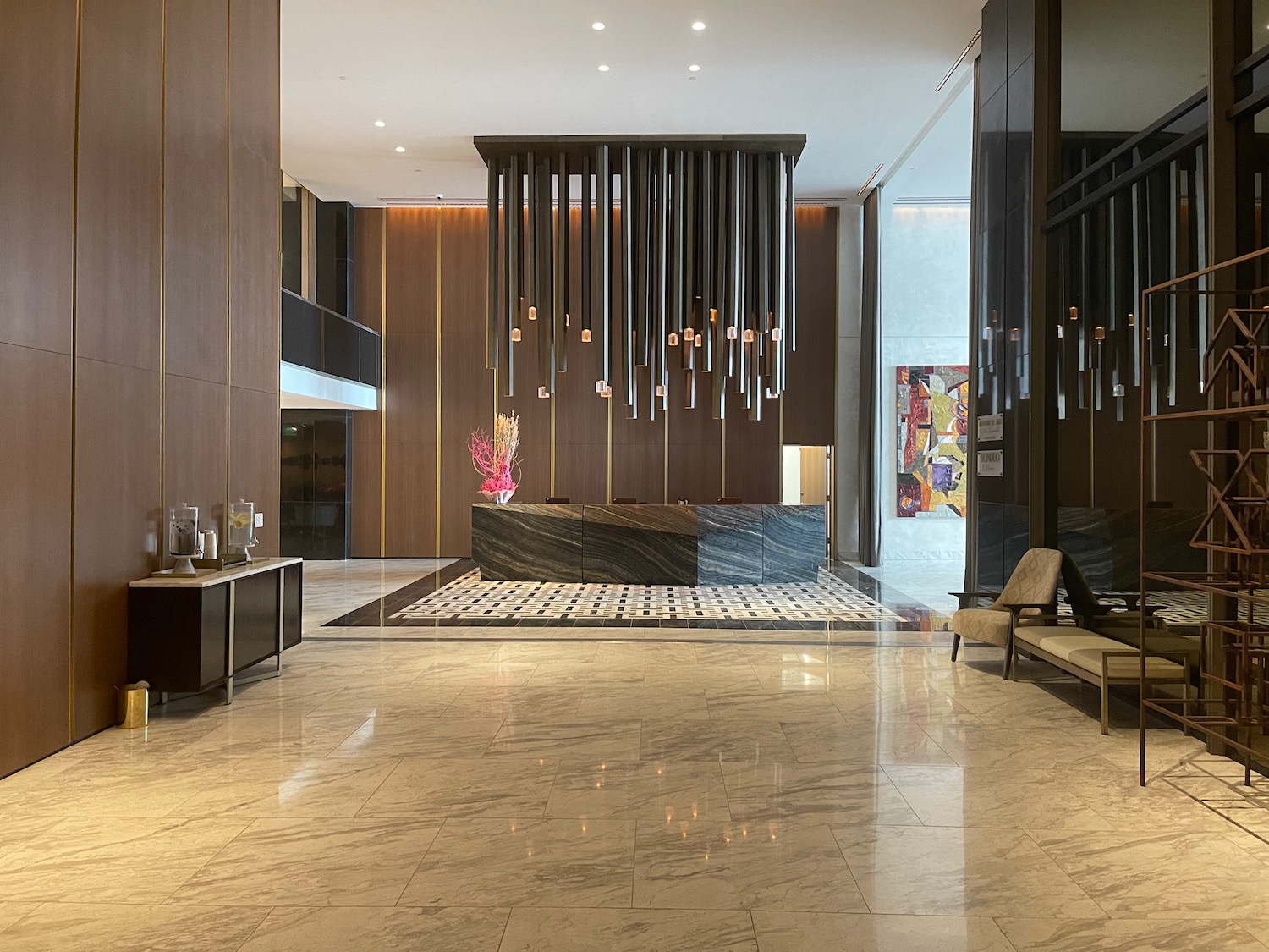 a lobby with a marble floor and a marble floor